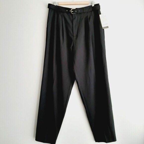 TWO ROADS | Vintage Trousers High Waist Pleats Dress Pants Belt Black Neutral L - Picture 12 of 12